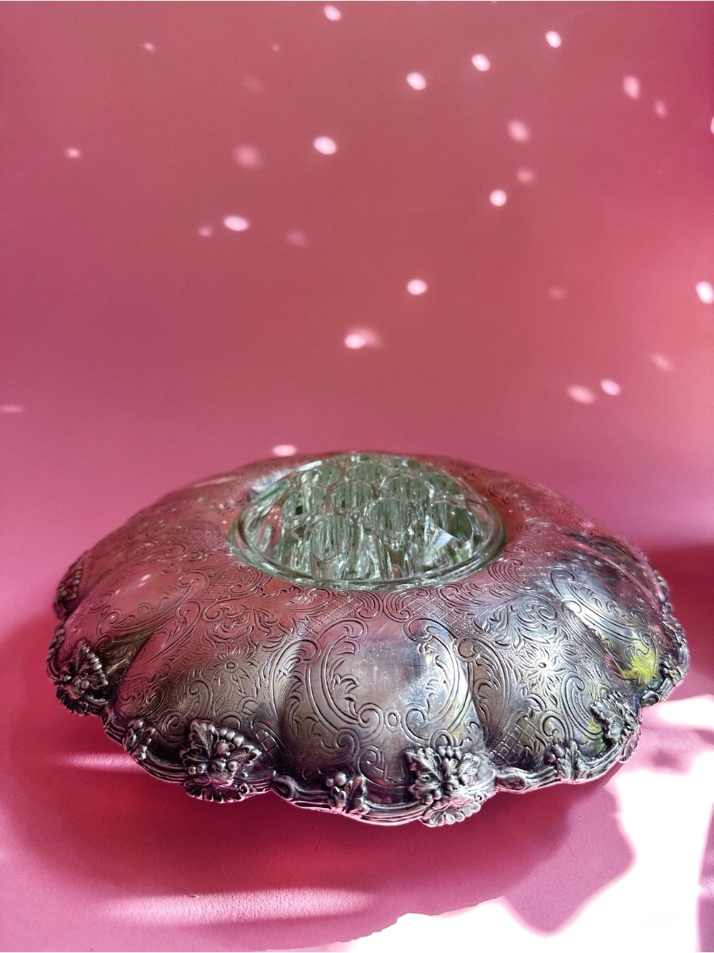Vintage Ornate Silver Plated Birks with Heavy Glass Flower Frog